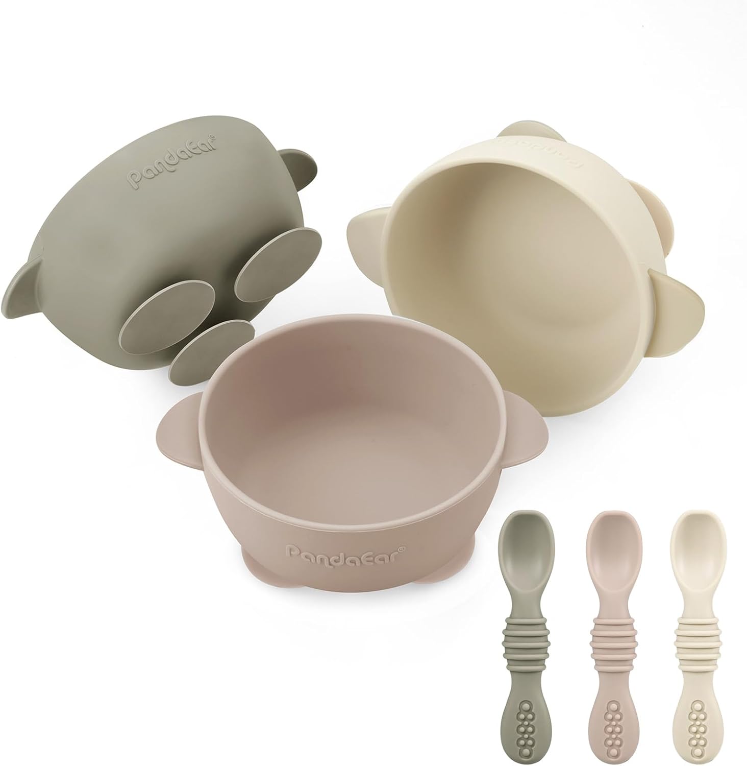 PandaEar 3 pack silicone suction baby bowls and spoons front view