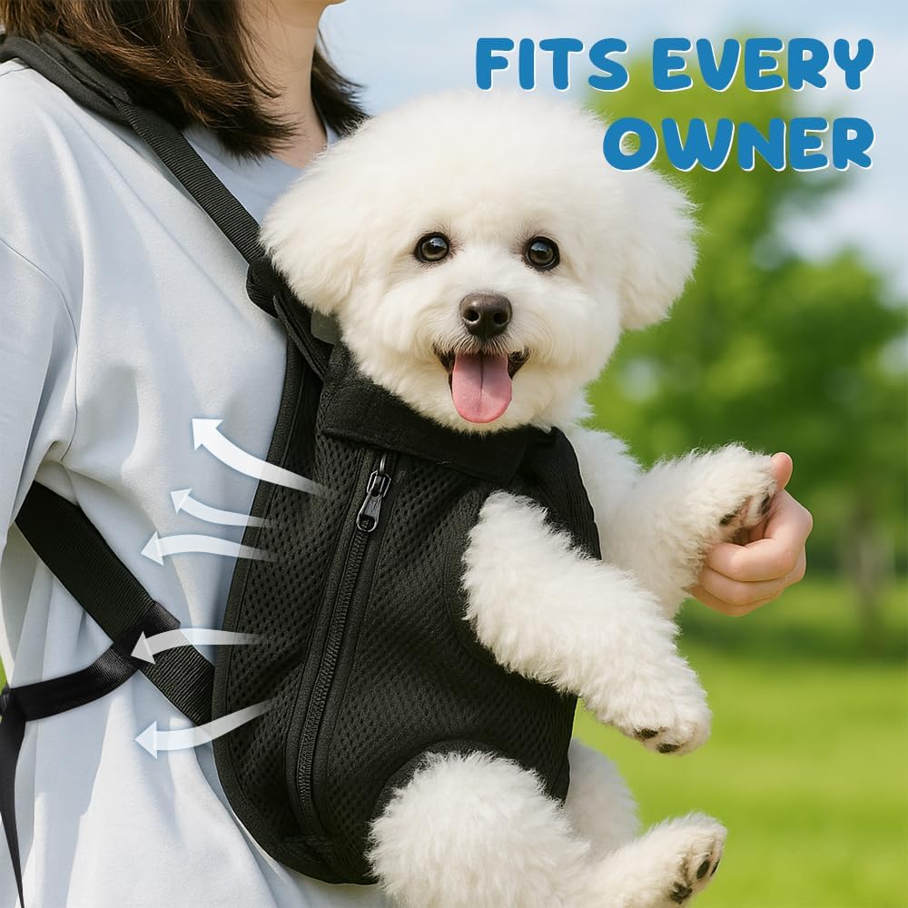Owner wearing Mosago dog carrier as a front chest pack