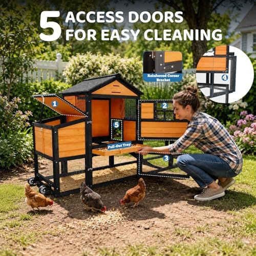 Chicken Coop with Wheels for 4-6 Chickens, Mobile Hen House with Run, Outdoor Chicken Coop, Ventilated Window, Easy-Clean Nesting Box, Weatherproof Asphalt Roof, 82.7" L x 25.6" W x 44.1" H, Brown - Image 5