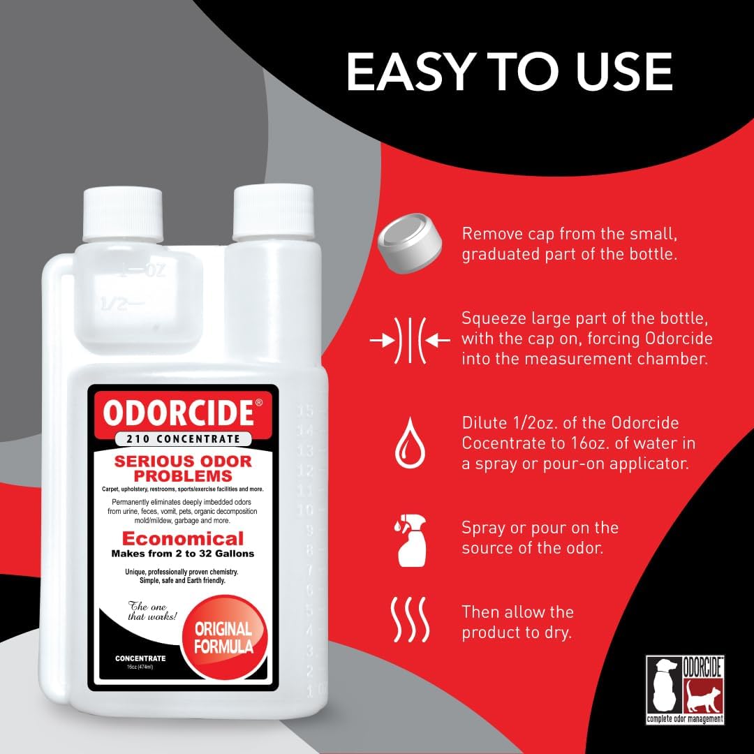 Odorcide non enzymatic deodorizer liquid concentrate packaging showing product information.