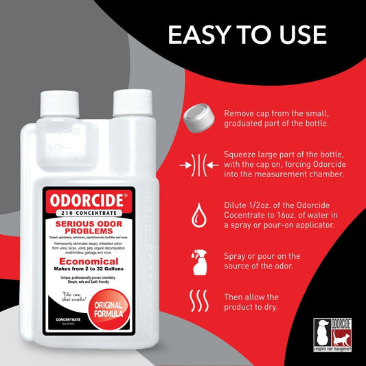 Odorcide non enzymatic deodorizer liquid concentrate packaging showing product information.