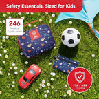 Interior view of 246 piece kids emergency medical supplies organized in clear pockets.