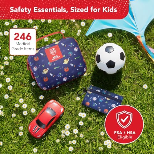 Interior view of 246 piece kids emergency medical supplies organized in clear pockets.