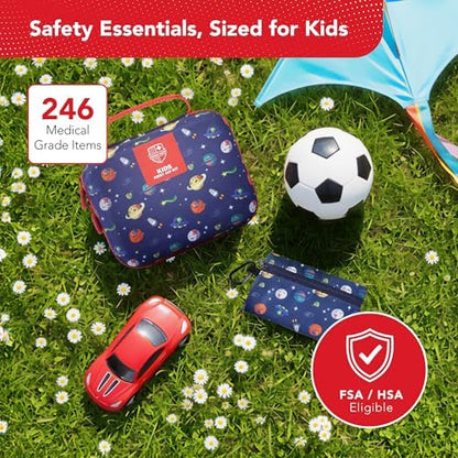 Interior view of 246 piece kids emergency medical supplies organized in clear pockets.