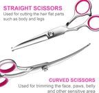 Premium titanium coated dog thinning shears with pink finger rings for comfortable grip.
