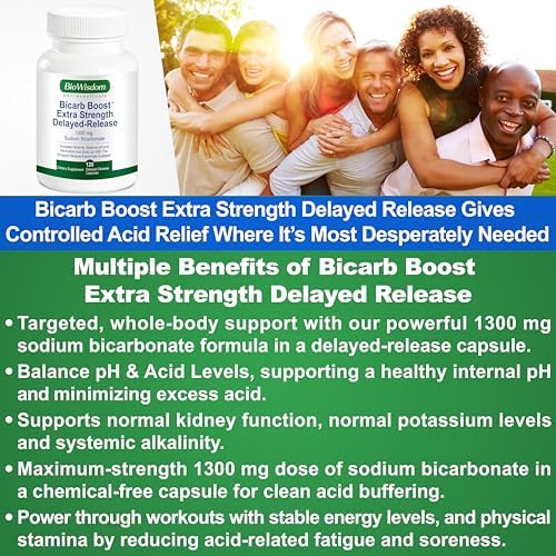 BioWisdom Bicarb Boost 1300mg supplement facts label showing extra strength ingredients and clean nutritional profile