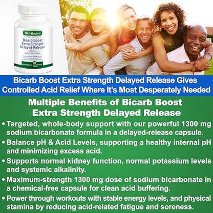 BioWisdom Bicarb Boost 1300mg supplement facts label showing extra strength ingredients and clean nutritional profile