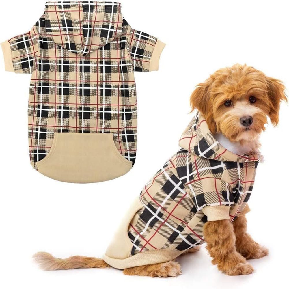 EXPAWLORER plaid dog hoodie front view beige tartan sweater