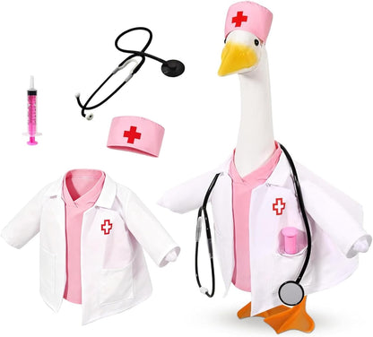 OBUSATT doctor nurse porch goose outfit front view on lawn statue