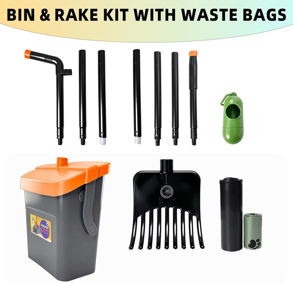 Compact and portable pet waste pickup system standing upright on a gravel surface.