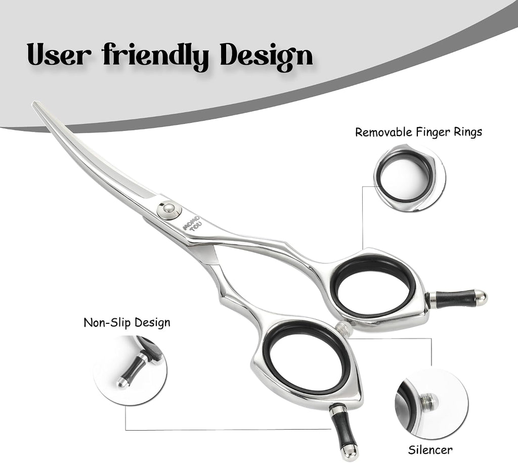 Hashimoto professional pet shears close up on the curved 440C stainless steel blade tip