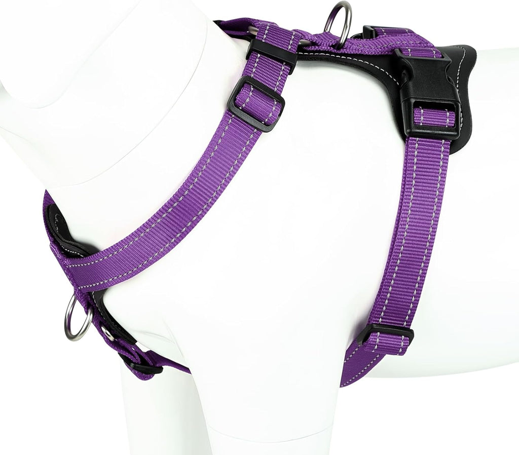Plutus Pet adjustable no pull dog harness front view showing purple heavy duty reflective nylon vest on large dog