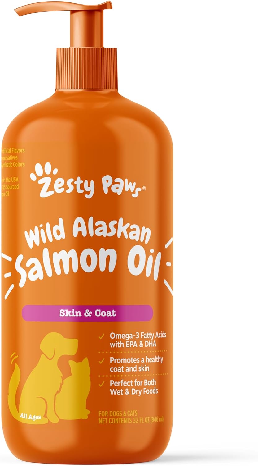 Imported Zesty Paws 32 fluid ounce pet supplement bottle packaging