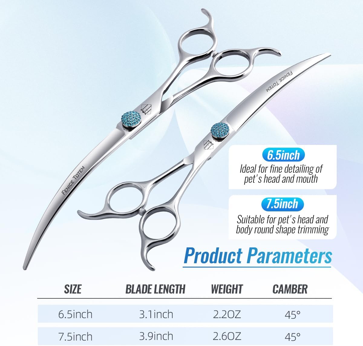 Fenice Totem professional curved scissors close up view of the sharp convex edge blade.