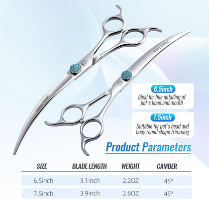 Fenice Totem professional curved scissors close up view of the sharp convex edge blade.