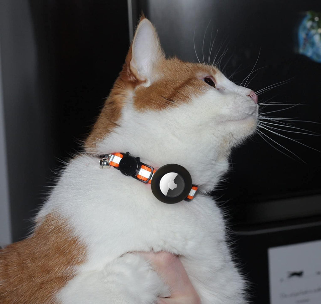 Close up view of the black silicone tracker mount attached to a reflective pet collar
