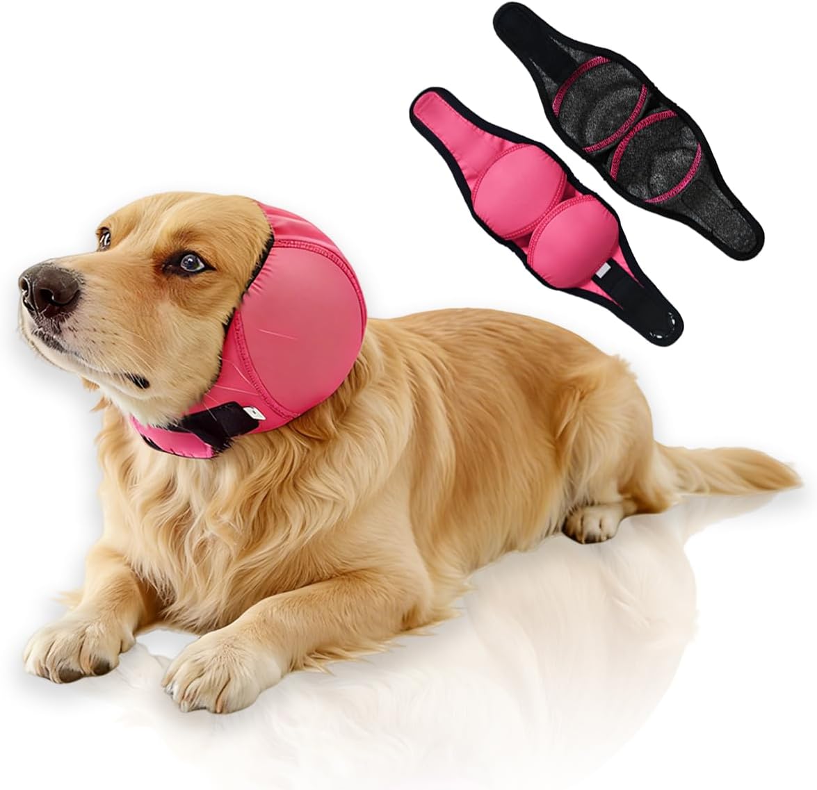 Papiamen waterproof dog ear covers front view on a medium dog for bath time protection.