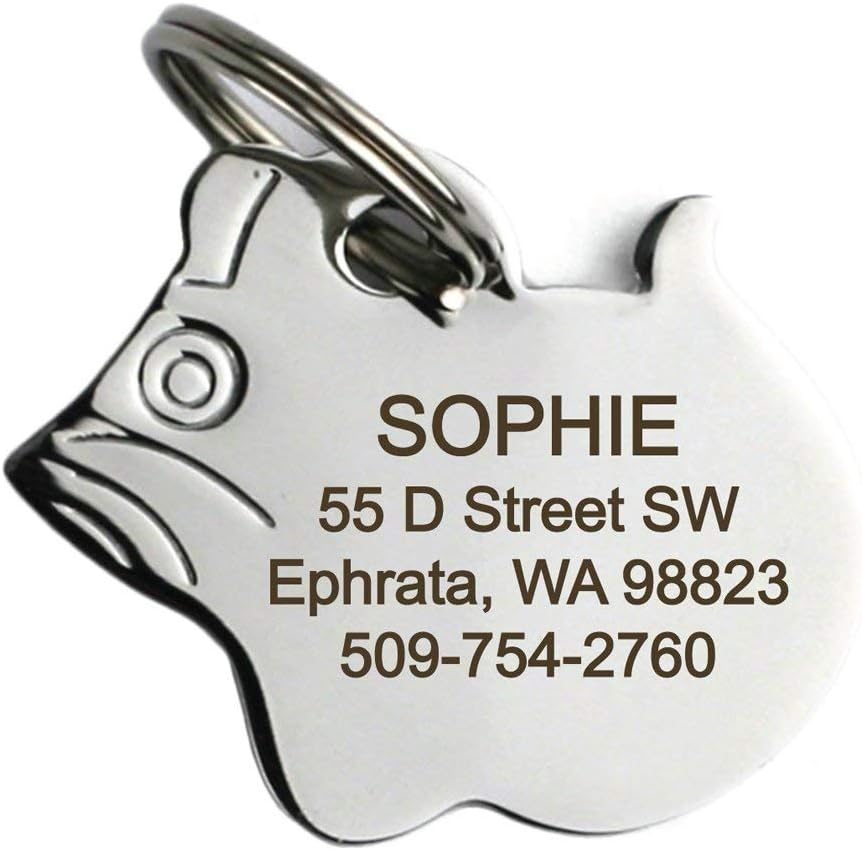 Close up of the engraved cat face design pet tag