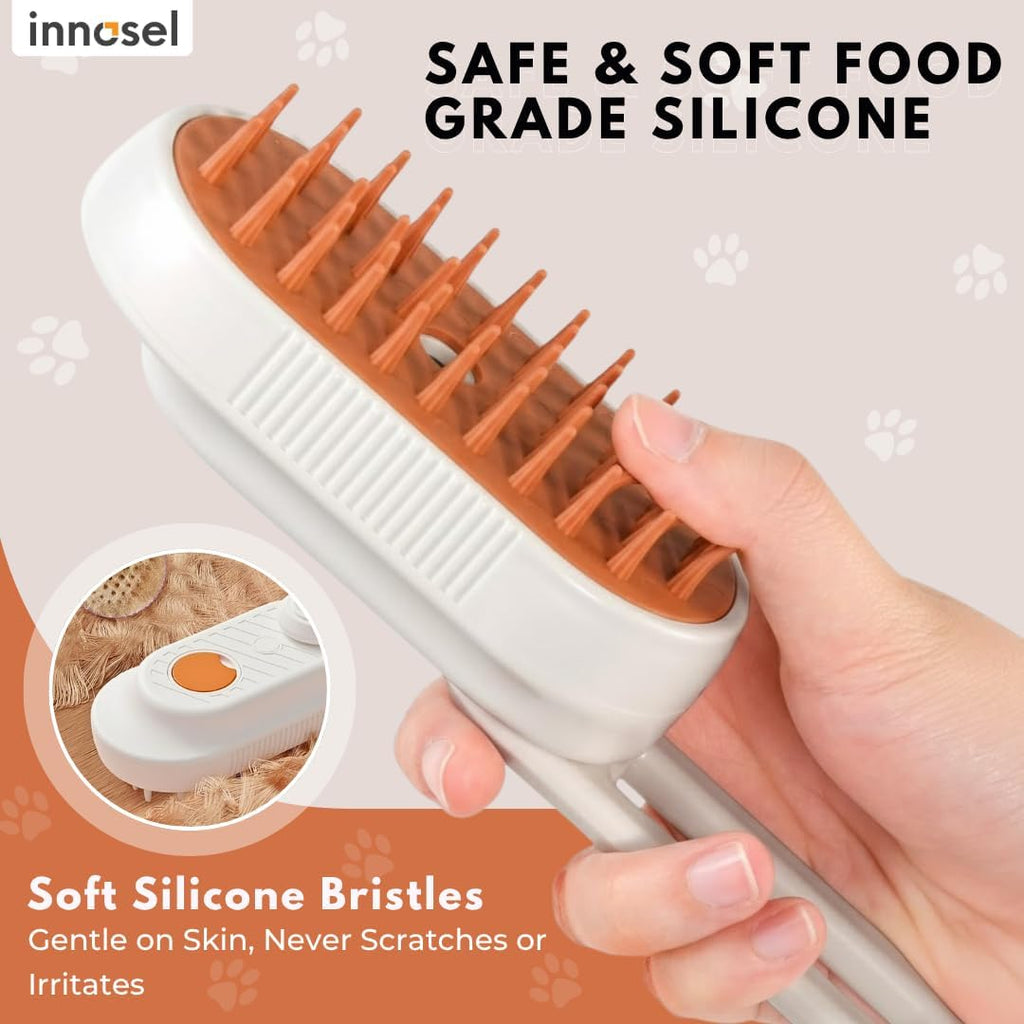 Innosel pet grooming brush showcasing the electronic mist spray function in action