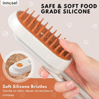 Innosel pet grooming brush showcasing the electronic mist spray function in action