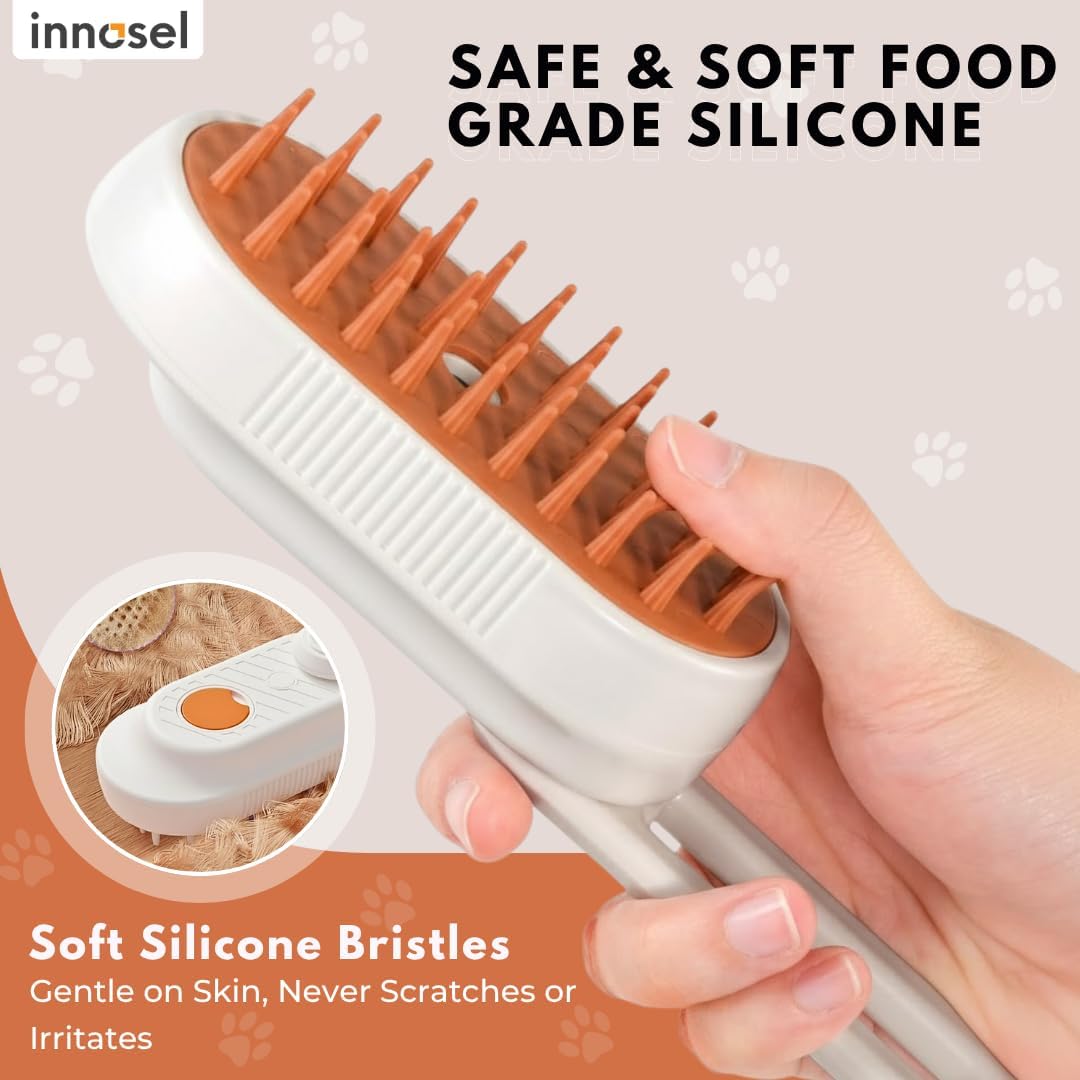 Innosel pet grooming brush showcasing the electronic mist spray function in action