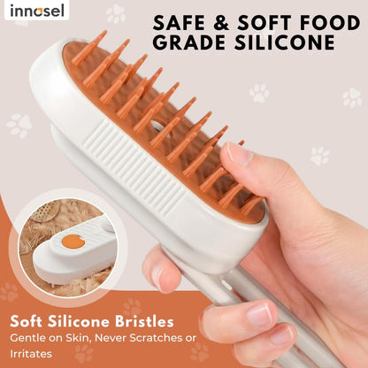 Innosel pet grooming brush showcasing the electronic mist spray function in action