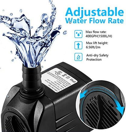 Compact 25 Watt outdoor fountain motor positioned inside a garden pond.