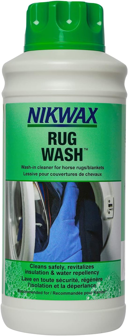 Equestrian gear maintenance showcasing the one liter PFAS-free wash-in treatment bottle