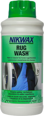 Equestrian gear maintenance showcasing the one liter PFAS-free wash-in treatment bottle