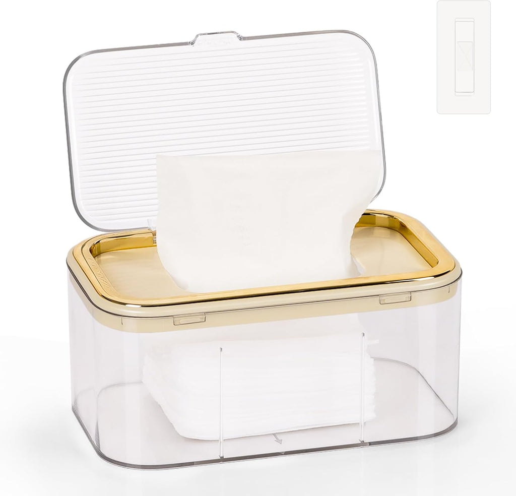 Flenpptly baby wipes dispenser with gold trim front view