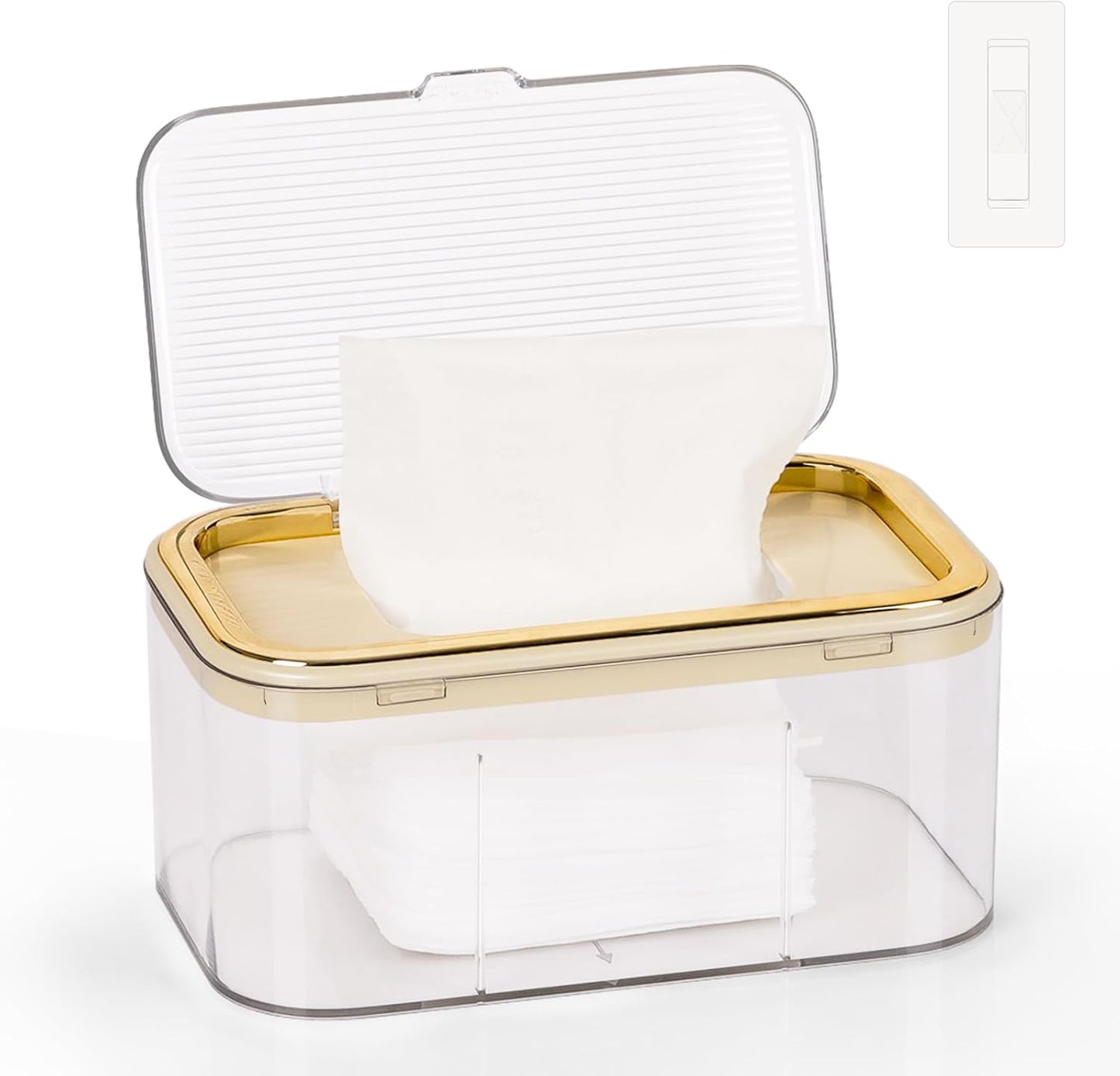 Flenpptly baby wipes dispenser with gold trim front view