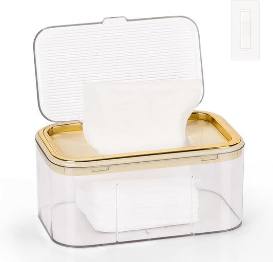 Flenpptly baby wipes dispenser with gold trim front view