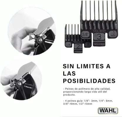 Four styling guide combs included in the Wahl pet grooming kit.
