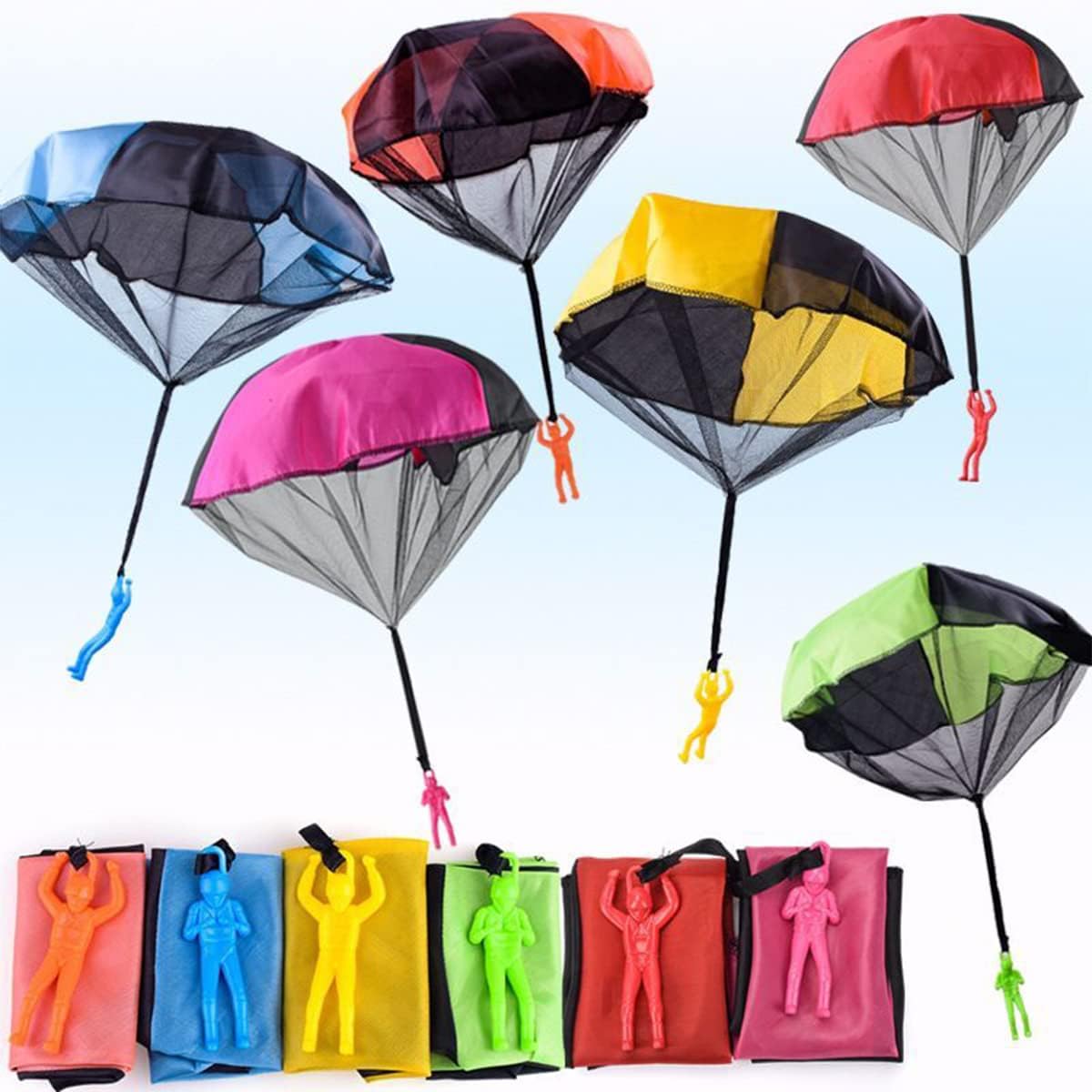 Pinkiwine 6 Pack Parachute Toys front view showcasing six colorful nylon canopies with soldier figures