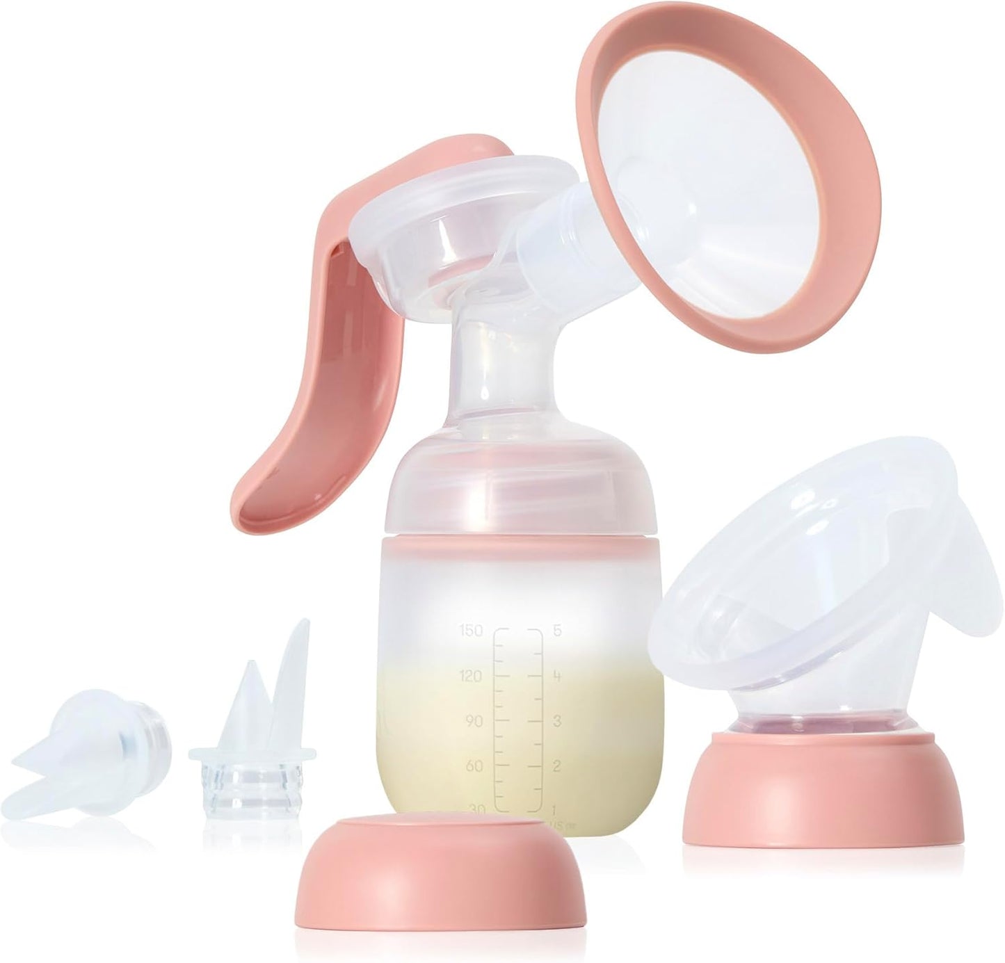 Frida Mom 2 in 1 breast pump front view showing pink ergonomic handle and milk collector cup