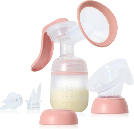 Frida Mom 2 in 1 breast pump front view showing pink ergonomic handle and milk collector cup
