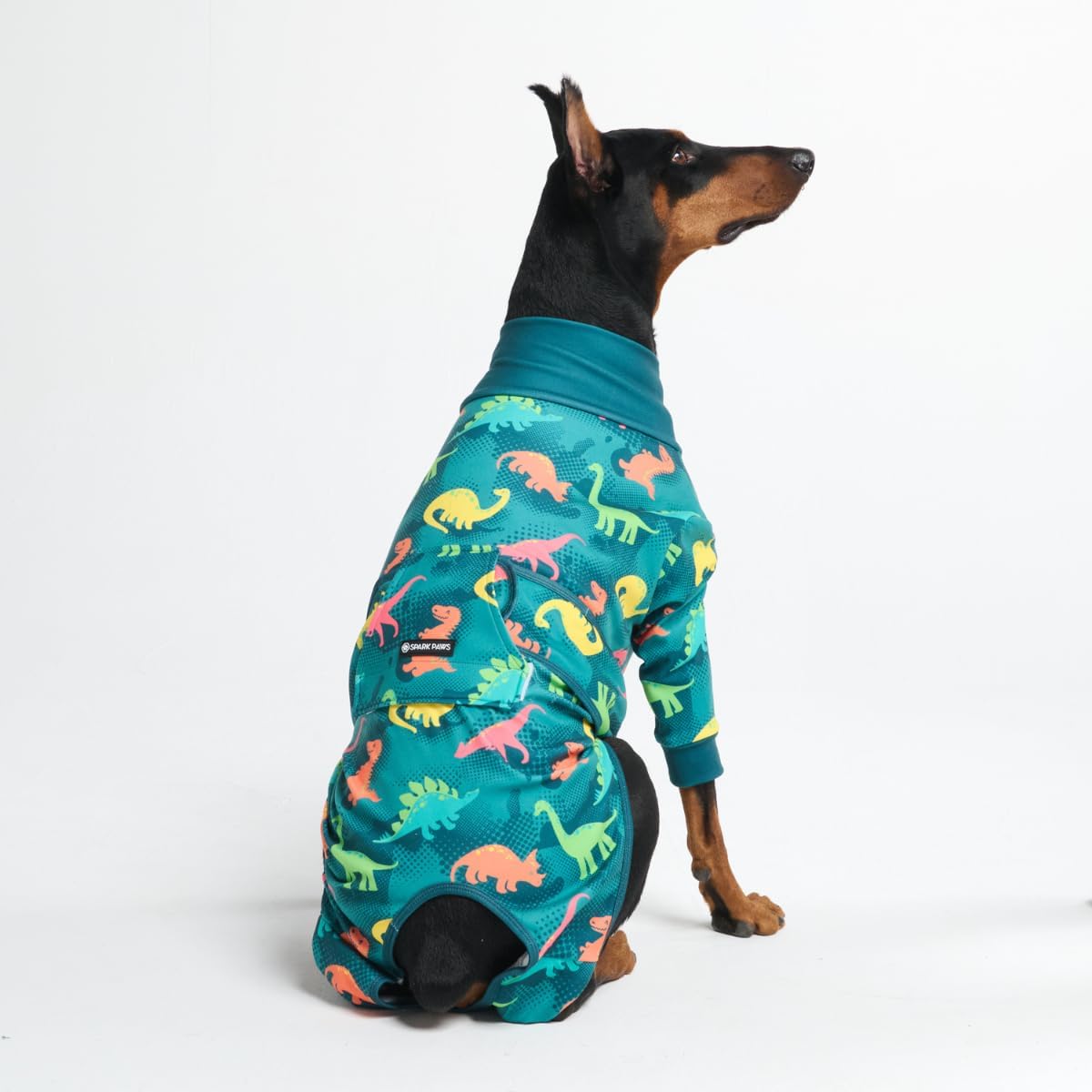 Spark Paws Dog Surgery Recovery Suit Dinosaur Pattern side view