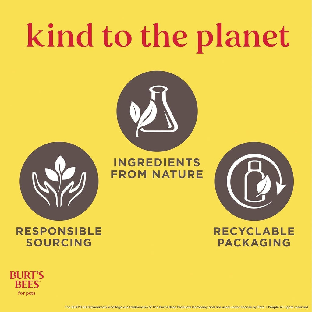 Close up of natural ingredients on Burts Bees pet spray bottle