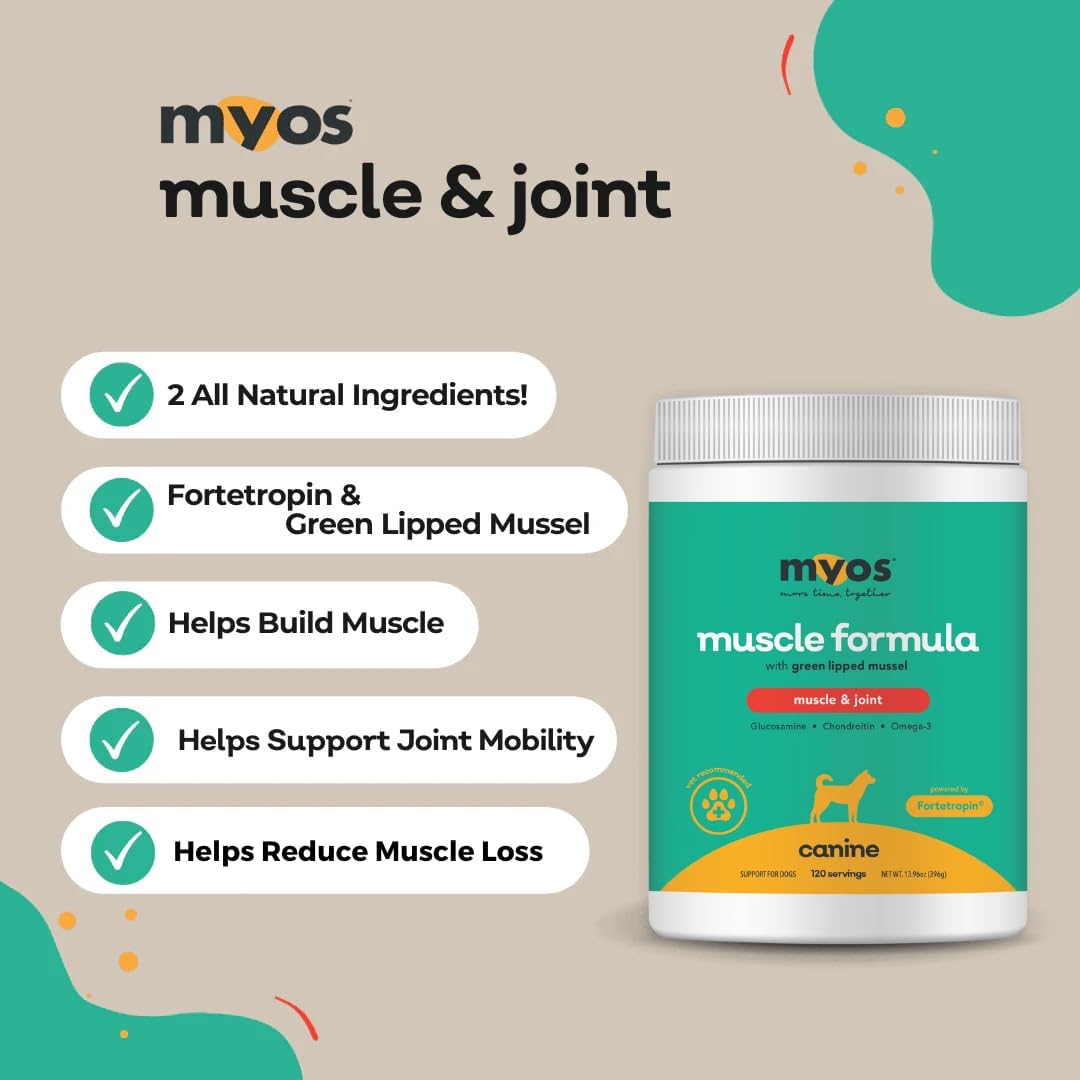 Imported MYOS Canine Muscle and Joint 198 grams tub for dog recovery.