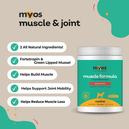 Imported MYOS Canine Muscle and Joint 198 grams tub for dog recovery.