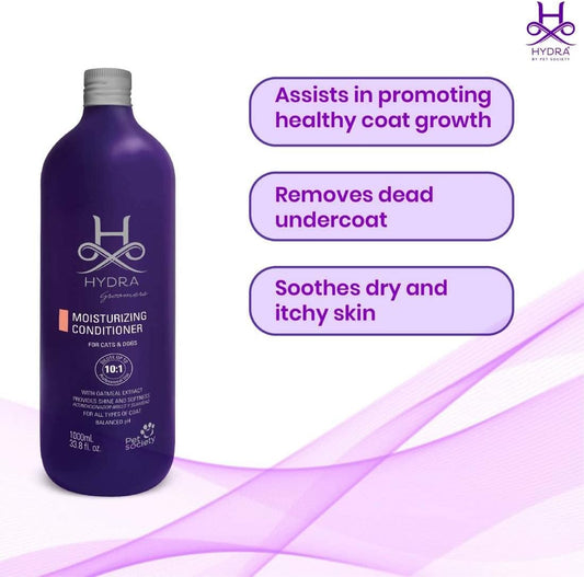 Hydra oatmeal dog and cat conditioner packaging showing instructions and benefits