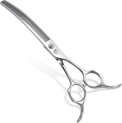 Fenice Totem professional curved thinning grooming scissors front view showing the 30 degree arc