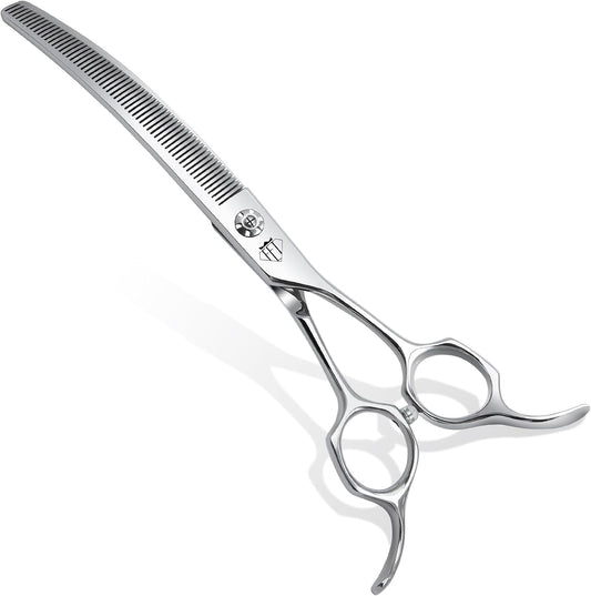 Fenice Totem professional curved thinning grooming scissors front view showing the 30 degree arc