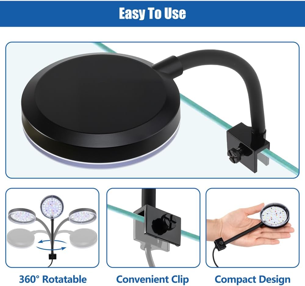 Novique dimmable aquarium light showing the clip on bracket mounted on glass tank wall