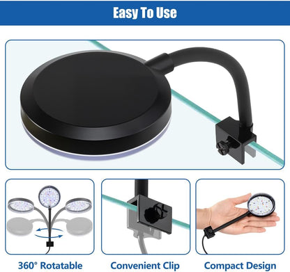Novique dimmable aquarium light showing the clip on bracket mounted on glass tank wall