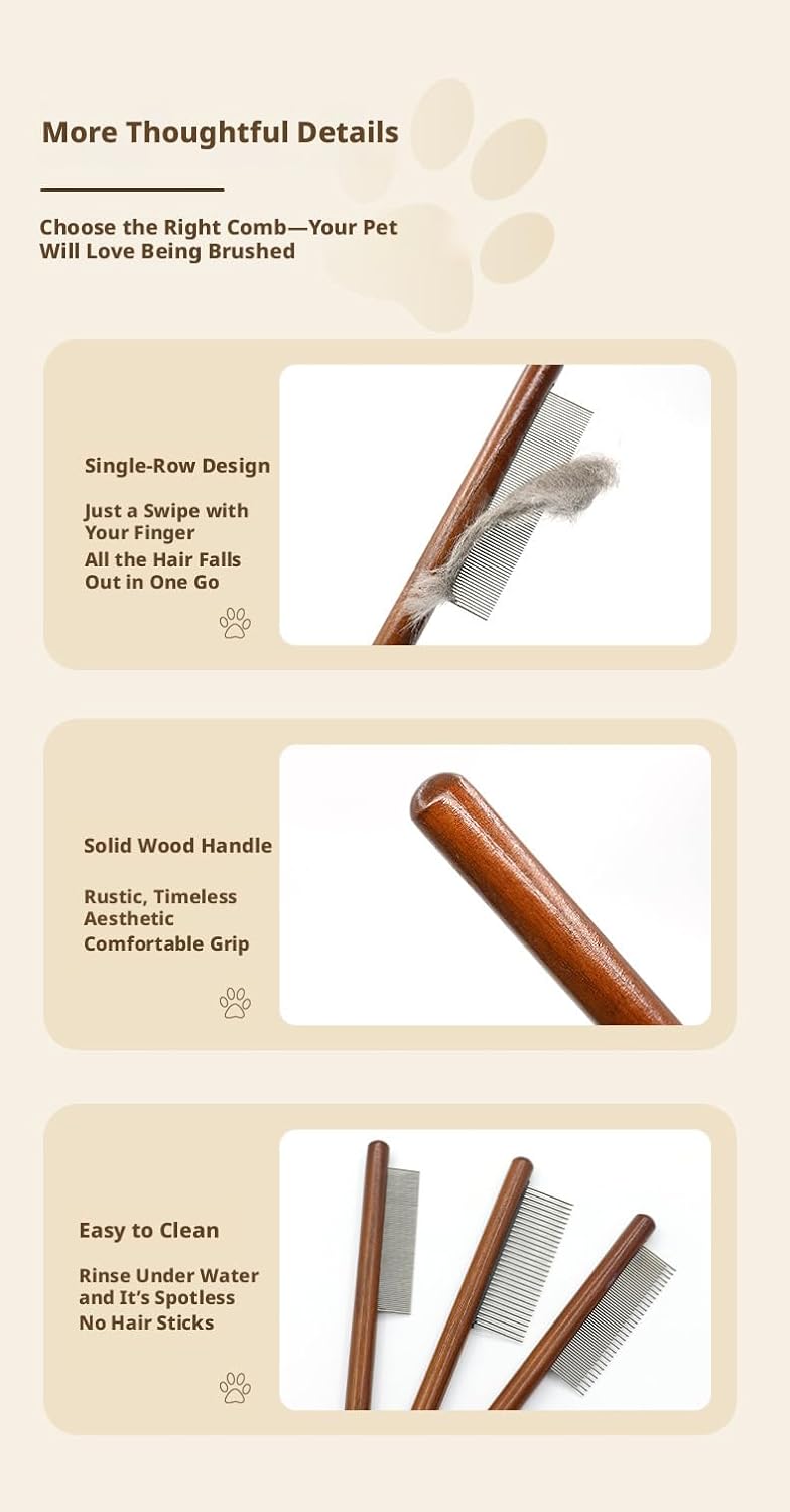 Pet owner using PrimePets wooden handle comb on a cat
