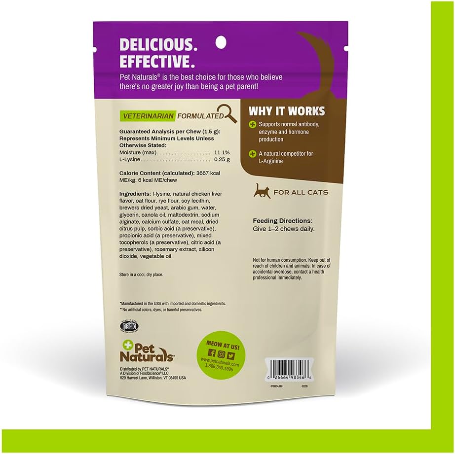 Pet Naturals cat supplement active ingredients and guaranteed analysis label