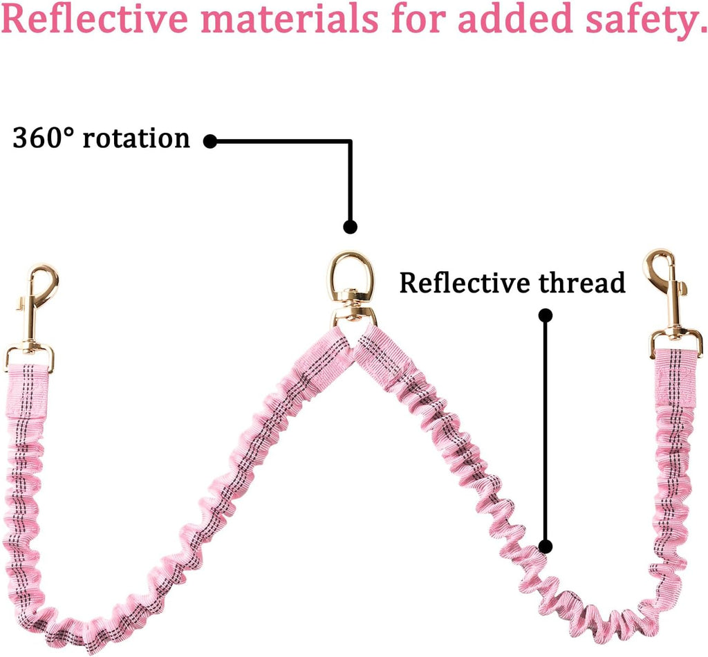 Reflective stitching details on pink double pet lead for night safety