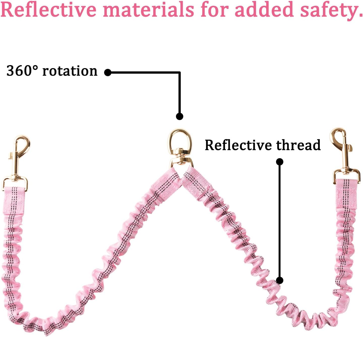 Reflective stitching details on pink double pet lead for night safety