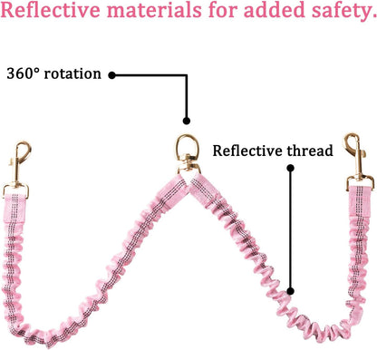 Reflective stitching details on pink double pet lead for night safety